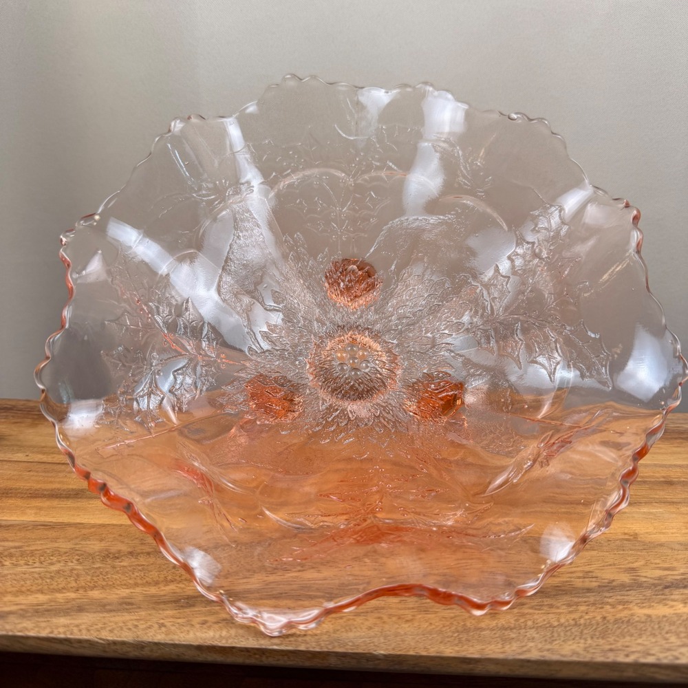 Fenton Holly and Stag Peach Pink Carnival Glass Ruffled Footed Centerpiece Bowl
